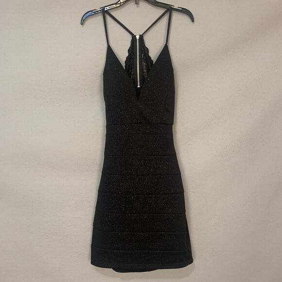 Emerald Sundae Black Glitter Lace Inset Strappy Bodycon Cocktail Dress Medium - Picture 1 of 10